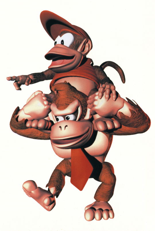 Diddy riding on DK's shoulders